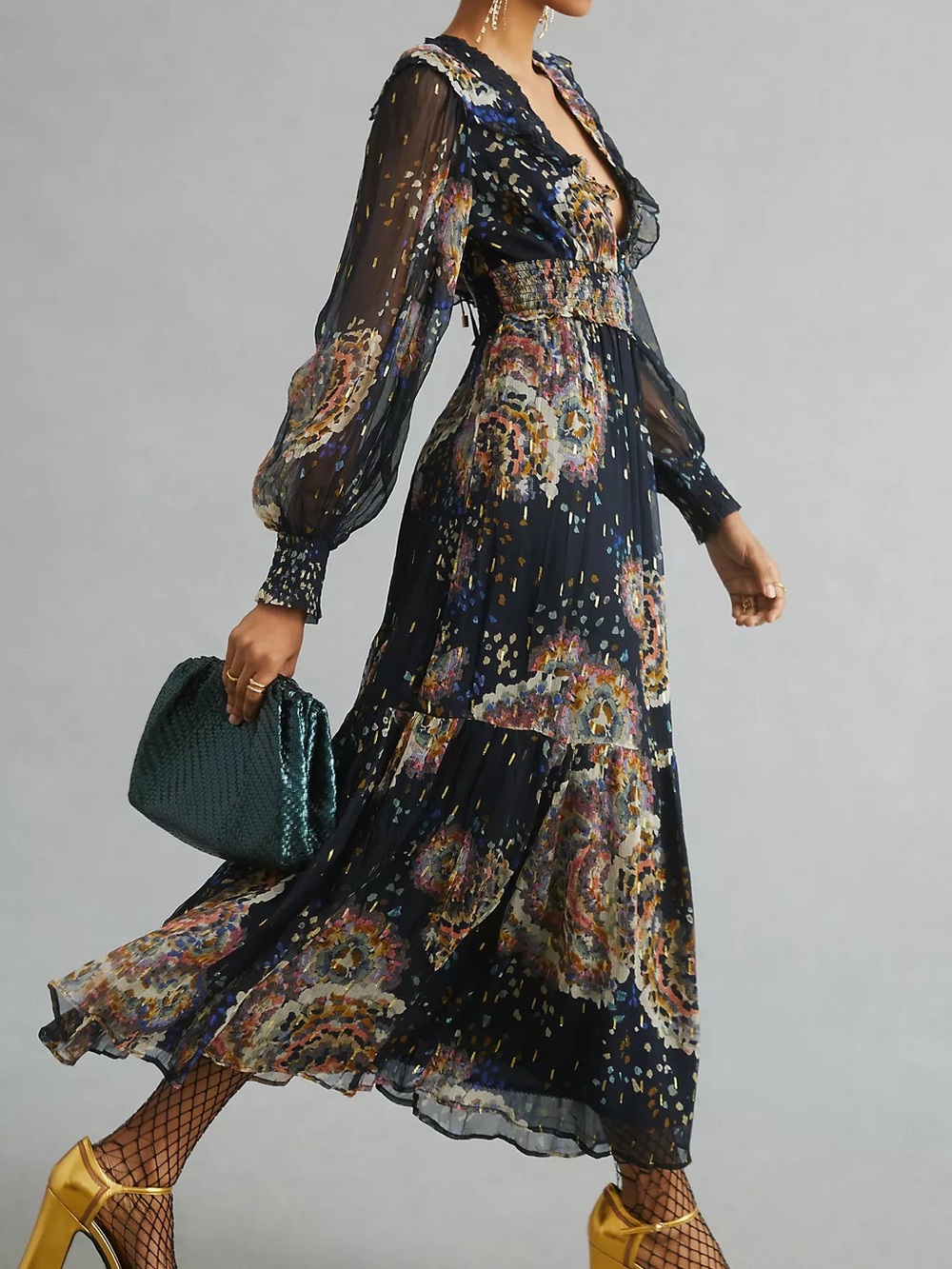 Anthropologie Women’s Smocked V-Neck Metallic Abstract Ruffle Blue Maxi Dress XL - Picture 9 of 16